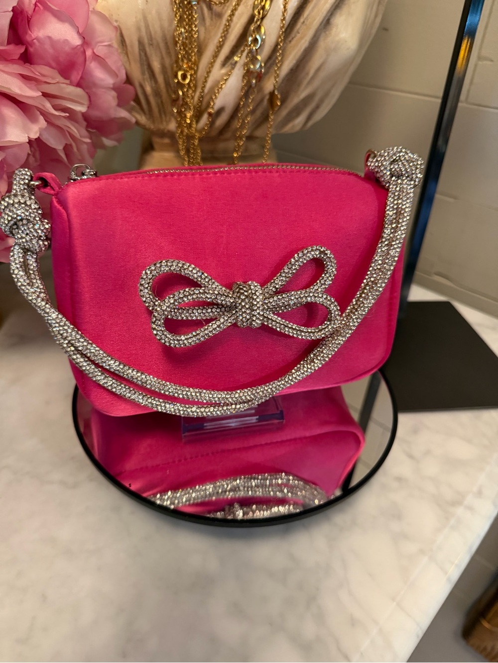 ANTONIO MELANI Hot Pink Satin Mini Bag with Crystal Bow dual top handles EUC